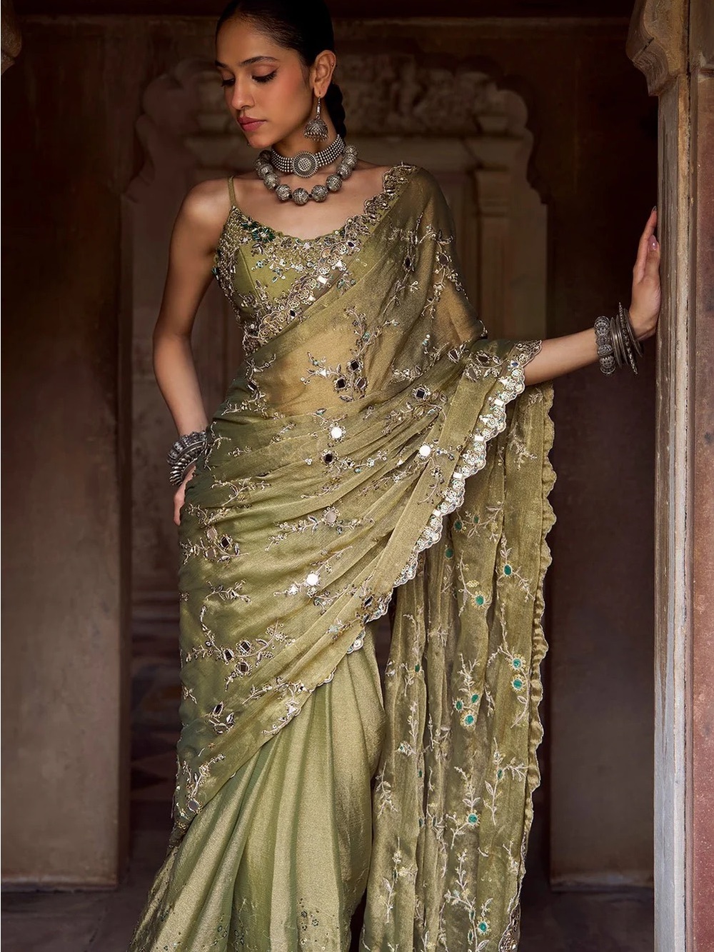 Olive Green Embroidered Women’s Saree with Mirror Work